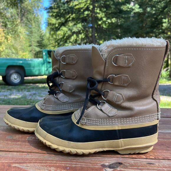 Vintage Sorel Manitou Duck Boots 7 Tan Black Wool Lined Canada Winter Snow Boots - Picture 14 of 16